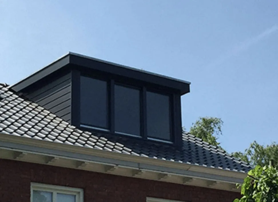 Zwarte dakkapel op een pannendak