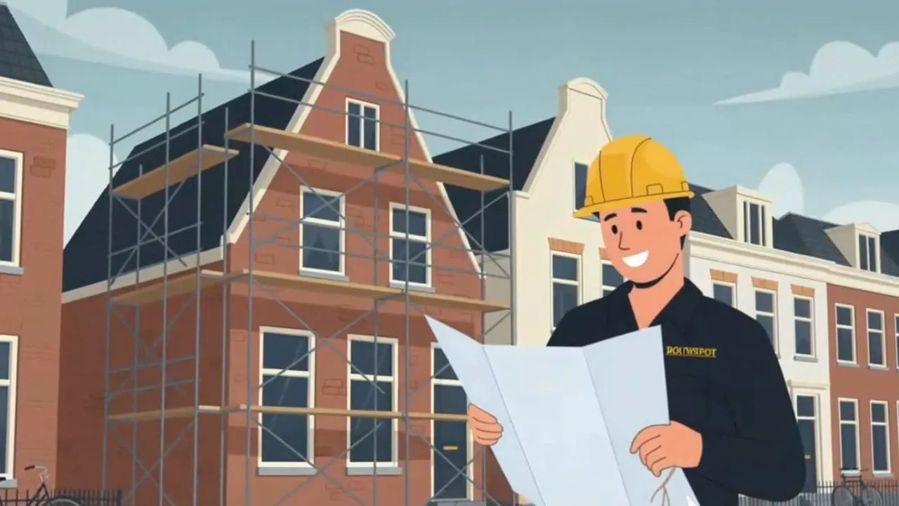 Illustratie van een bouwvakker met een bouwtekening voor een pand in de steigers