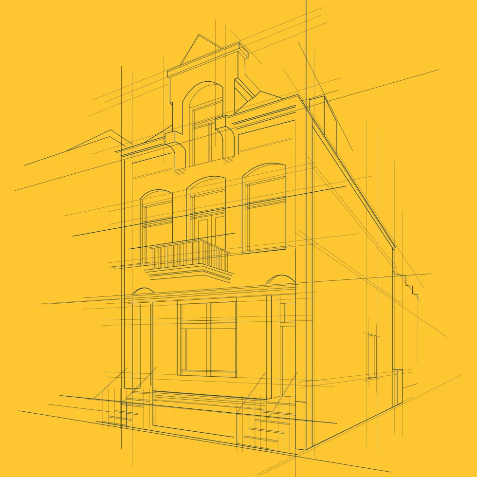 Lijntekening van een karakteristiek pand met erker en balkon