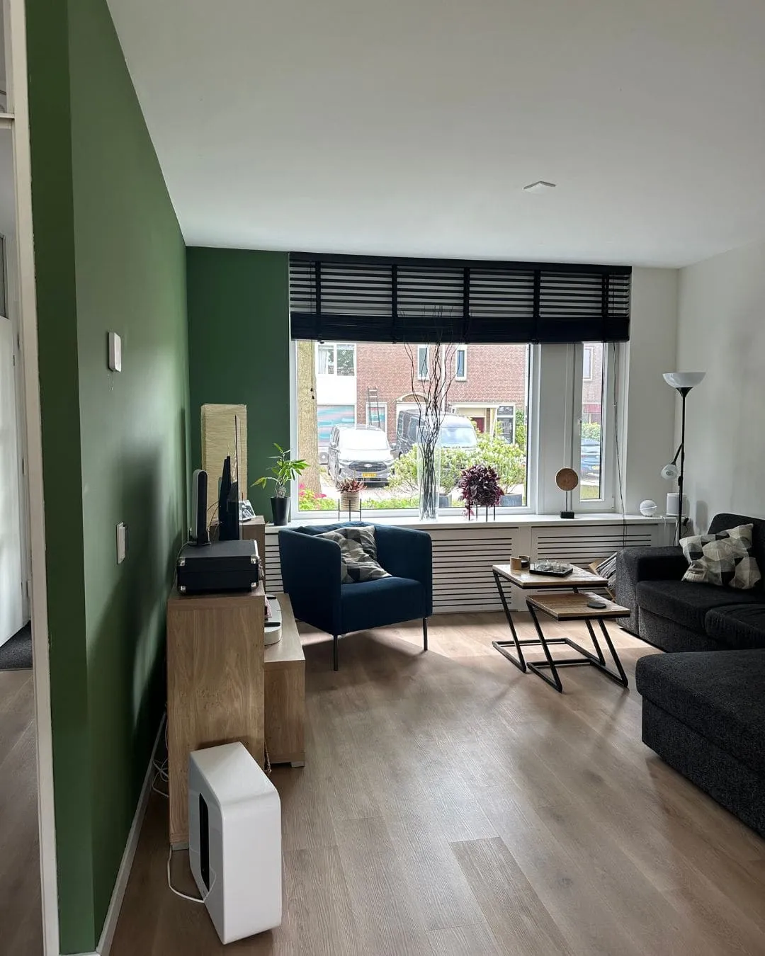 Gerenoveerde woonkamer met donkergroene accentmuur en een brede erker